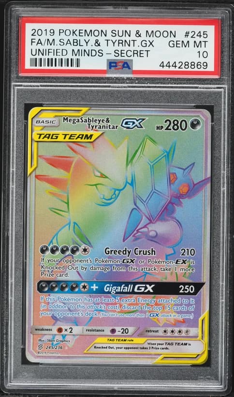2019 #245 Full Art/Mega Sableye & Tyranitar GX PSA 10 Sun & Moon Unified Minds Pokemon